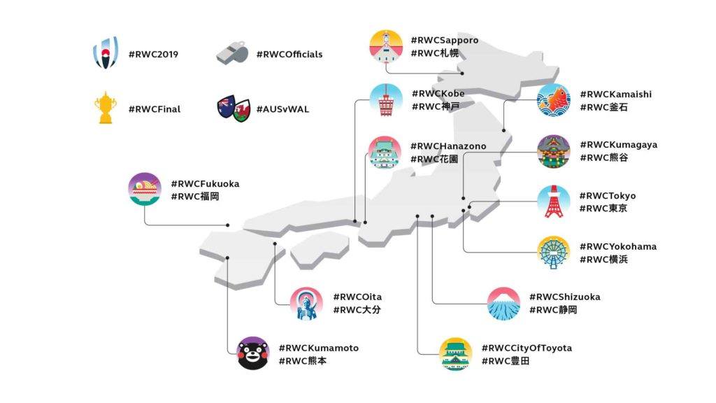 Rugby World Cup Emoji Pack laid out on map of Japan
